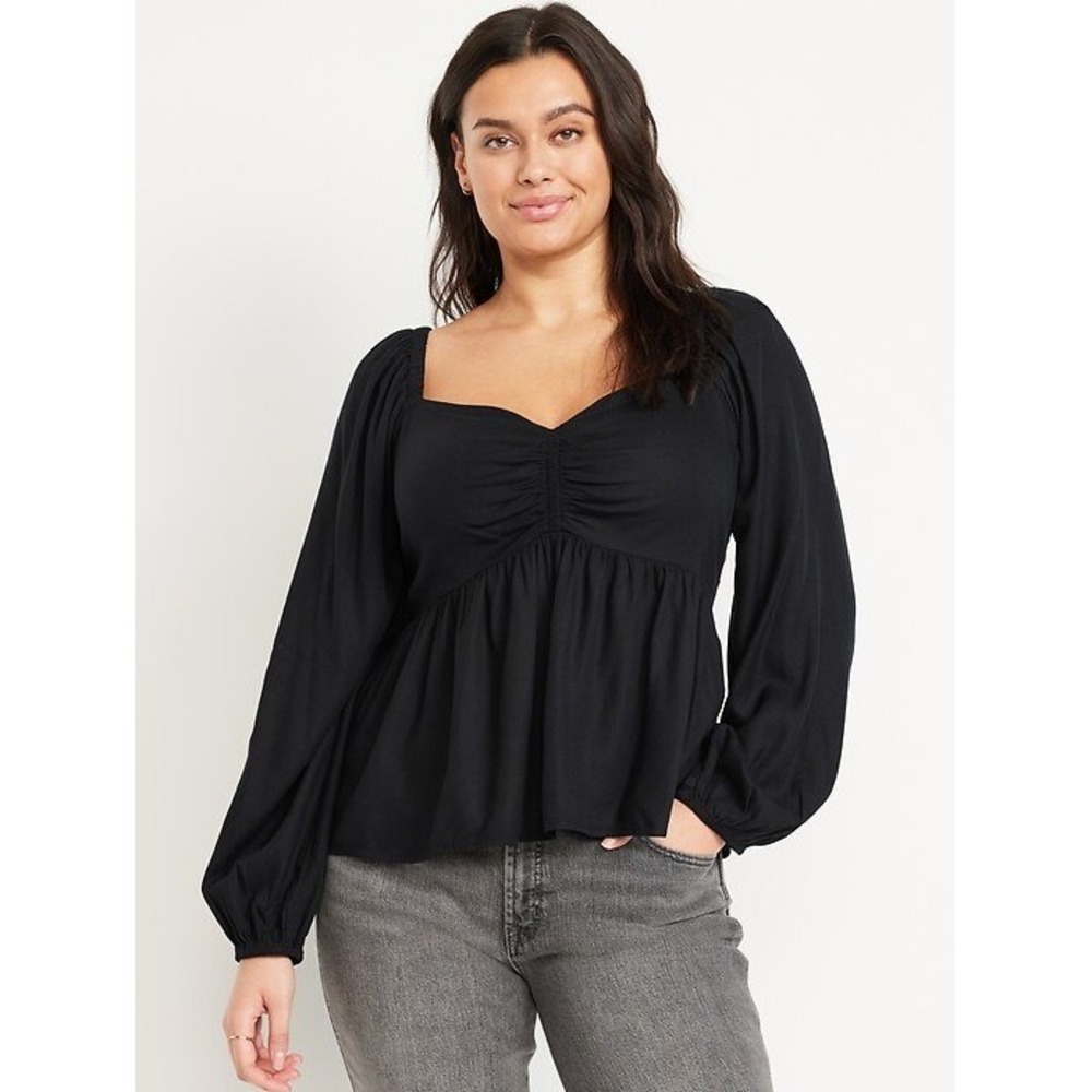 Old Navy Womens XXL Black Long Sleeve Smocked Peplum Blouse Square Neck Top